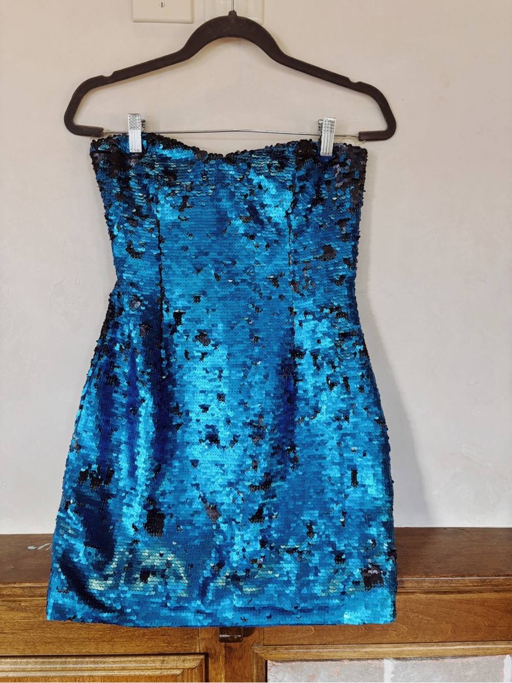 Blue Sequin Strapless Mini Dress